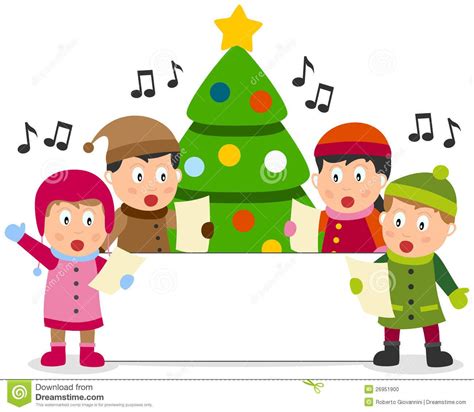 Of Four Cute Kids Singing Christmas Carols In Front Of A Christmas