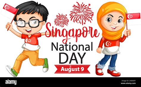 Singapore National Day Banner With Children Hold Singapore Flag Cartoon