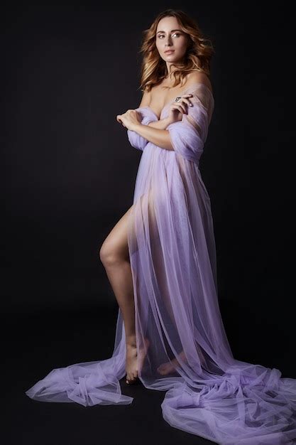 Premium Photo Naked Woman Art In Lilac Light Transparent Dress Posing