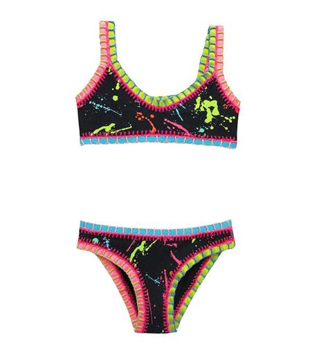 Black Splatter Paint Sporty Rainbow Embroidered Kids Bikini By Pilyq