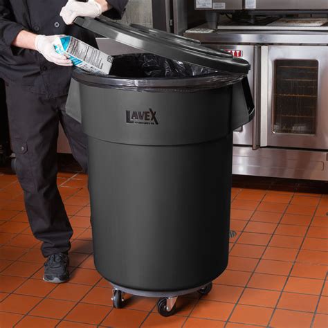 Lavex Janitorial 55 Gallon Black Round Commercial Trash Can With Lid