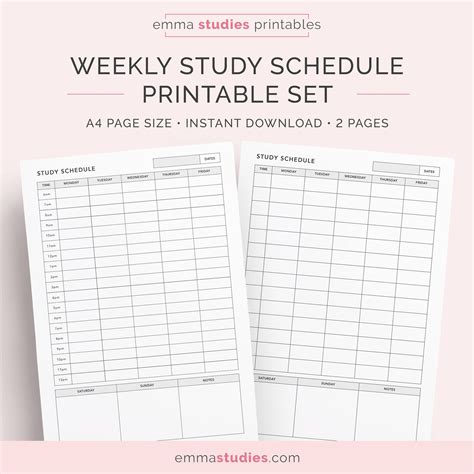 Weekly Study Schedule Printable Set Student Planner Agenda Etsy