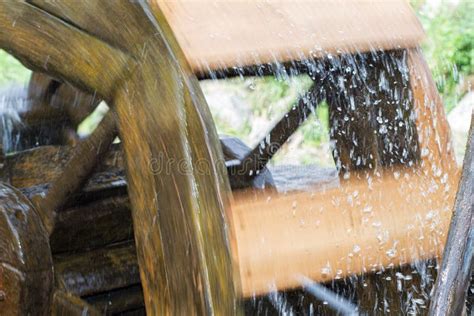 Decorative Water Mill Wheel And Splashes Of Water Wooden Watermill