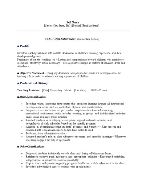 Elementary Teacher Assistant Resume Templates At