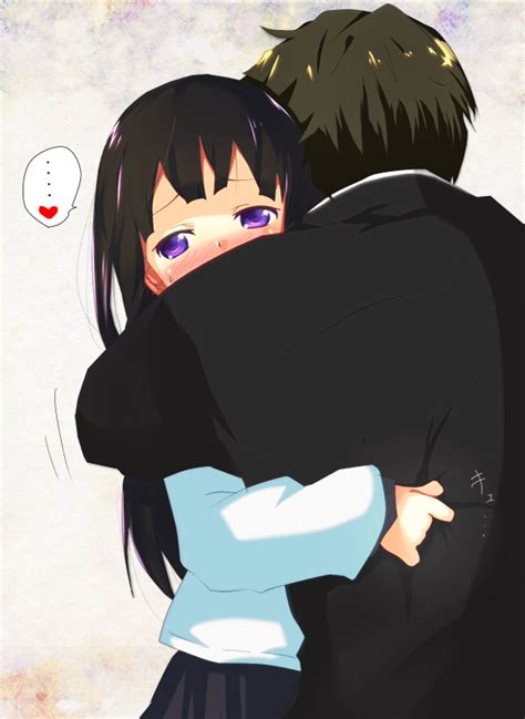 Safebooru 1girl Black Hair Blush Brown Hair Chitanda Eru From Behind Gakuran Heart Hug Hyouka