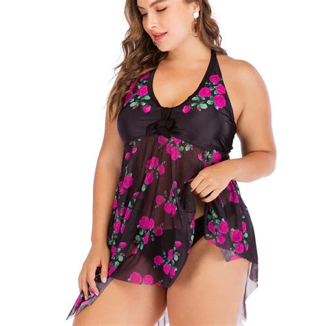 2019 New Plus Size Women Swimsuits Flower Swimwear Women Sexy Backless Dress Bottom Tankini