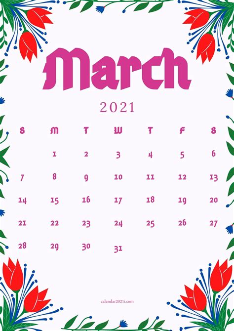 floral march  calendar printable
