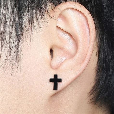 Mens Cross Earring Black Stud Stainless Steel Jewelrify