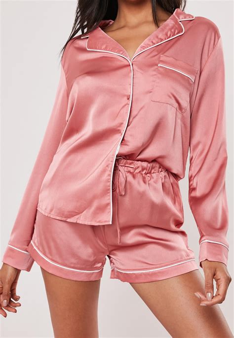 Pink Satin Contrast Piping Pyjama Shorts Missguided Sleepwear Women Short Pajama Set