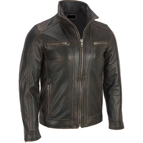Mens Black Rivet Leather Faded Seam Genuine Leather Jacket All Sizes