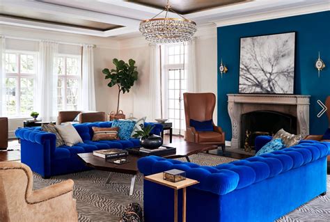 Royal Blue Velvet Sofa Tufted Blue Accent Wall Transitional Living