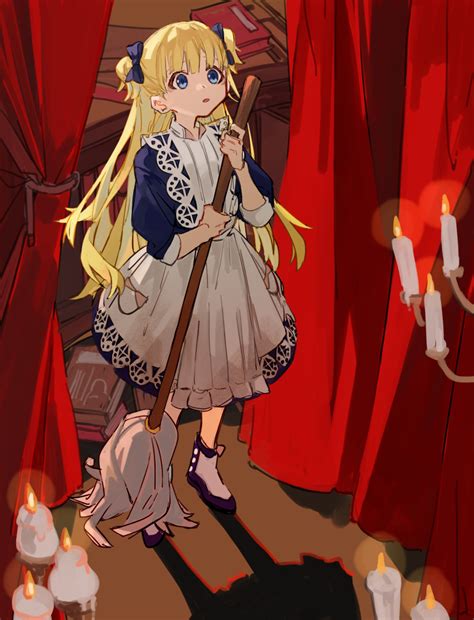 Safebooru 1girl O Absurdres Blonde Hair Blue Bow Blue Eyes Book Bow Broom Candle Emilico