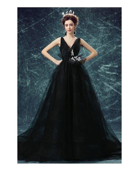 Black Ball Gown V Neck Court Train Tulle Wedding Dress With Open Back