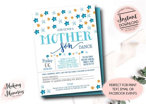 Editable Mother Son Dance Flyer, School Dance Invite, Editable Dance