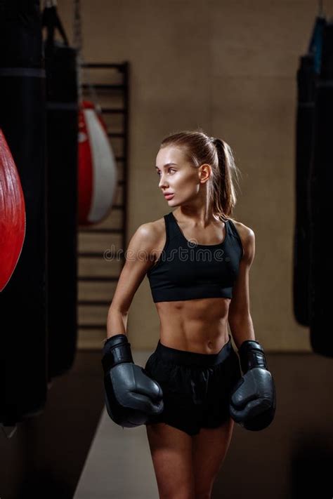 Girl In Black Boxing Gloves Posing In Gym Stock Image Image Of Fight