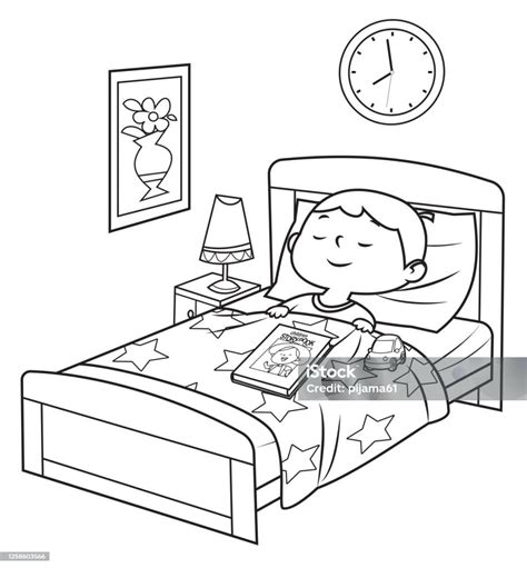 Hitam Dan Putih Anak Lakilaki Tidur Di Tempat Tidur Ilustrasi Stok