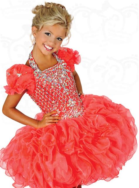 Ball Halter Short Coral Organza Ruffle Beaded Tutu Girl Party Prom Dress