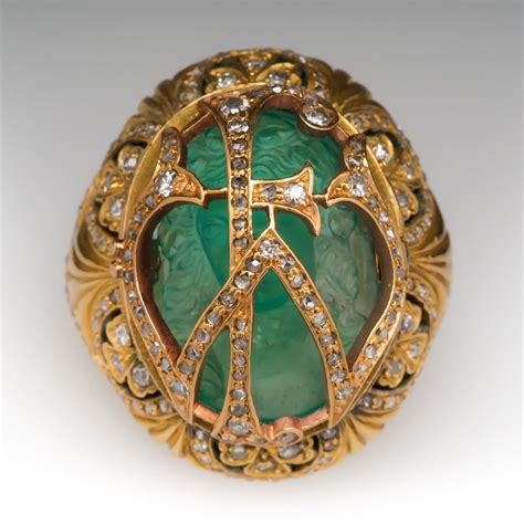 Victorian Era Carved Maiden Emerald Cameo Gold Ring Victorian Era