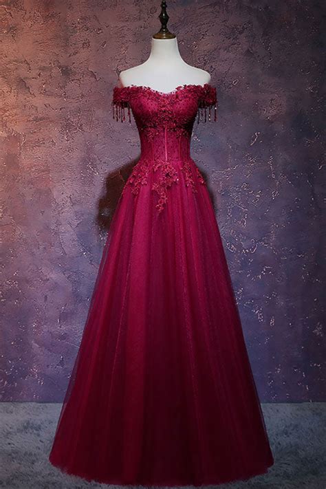 Burgundy Off Shoulder Lace Long Prom Dress Burgundy Evening Dress Dresstby