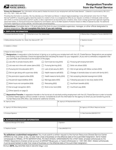 Ps Form 2574 Resignationtransfer From Usps Forms Docs 2023