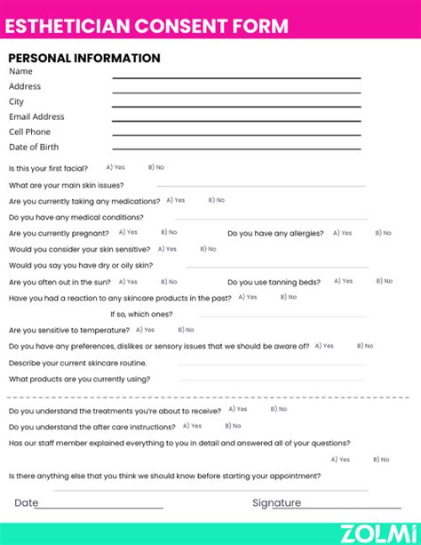 esthetician consent form template