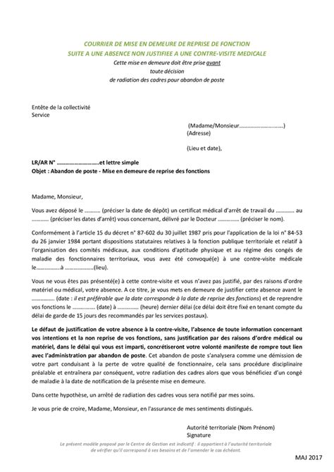 Courrier De Mise En Demeure Reprise De Fonction DOC PDF Page Sur