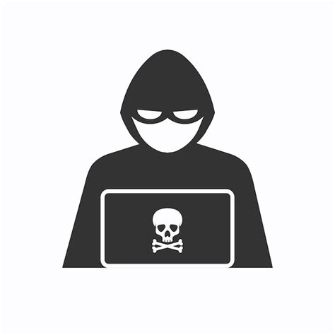 Premium Vector Hacker In Black Hood Icon Cyber Criminal At Laptop