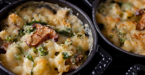 Traditionally, the caquelon is rubbed with a cut garlic clove, white wine is added and heated with cornstarch, and then grated cheese is added and gently stirred until melted, although in practice all the ingredients can be combined and heated together at. Macaroni & Cheese with Peas and Chanterelles Recipe | CIA ...