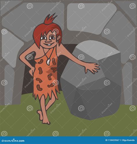 Caveman Girl Near The Cave Entrance Stock Vector Illustration Of Cave