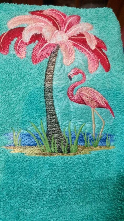 Custom Embroidered Pink Flamingo Palm Tree Set Of 2 Hand Etsy