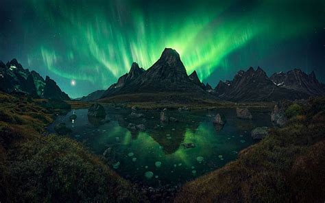 Hd Wallpaper Aurorae Grass Greenland Lake Landscape Mountain