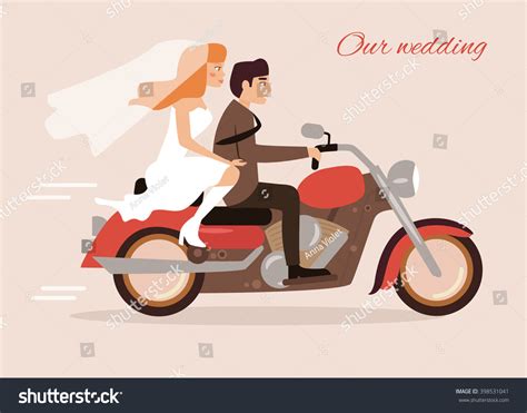 Extreme Wedding Couple On A Motorcycle Vector Isolated Illustration
