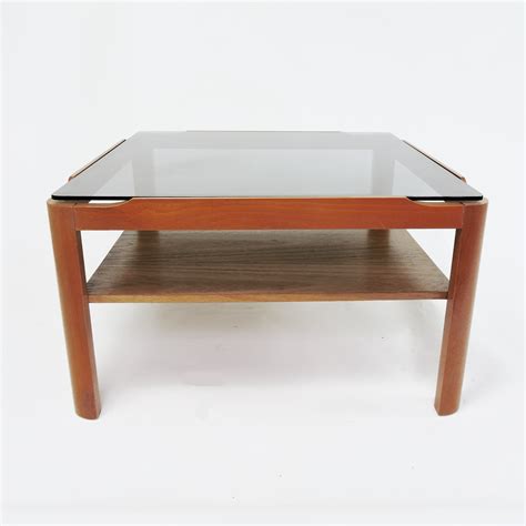 Square Teak And Smoked Glass Coffee Table 1970s 121867