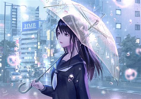 Anime Girl With Umbrella In The Rain