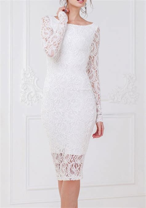 White Lace Round Neck Long Sleeve Bodycon Fashion Midi Dress Midi Dresses Dresses
