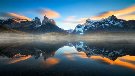 Nature Mist Landscape Sunset Mountain Lake Reflection Torres Del Paine Chile Water