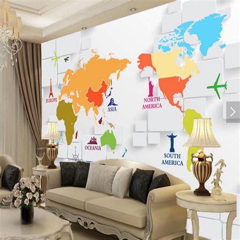 3d Colorful World Map Landscape Wallpaper Mural Living Room Home Wall