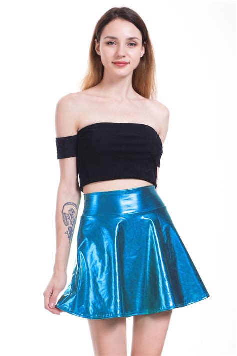 Women Mini Metallic Skirt Summer High Waist Pu Leather Casual Stage