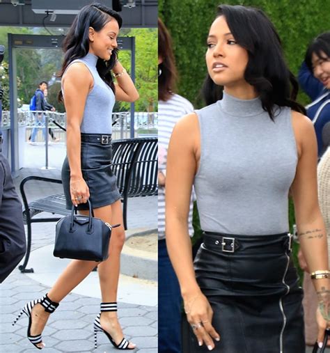 Karrueche Tran Visits Extra To Interview In ‘paloma Striped Sandals