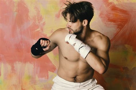 Karate Fighter With Fit Strong Body Gets Ready To Fight Stock Image