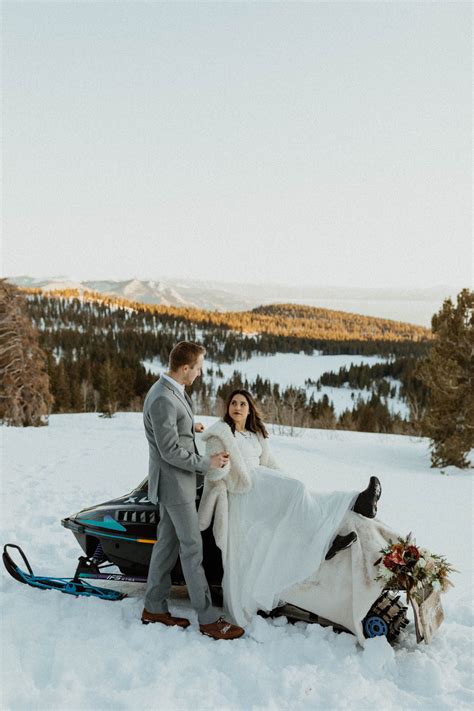 Just Married Sign Snow Mobile Winter Elopement Overlooking Lake