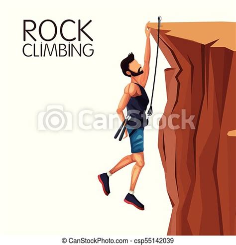 Scene Man Hanging On The Cliff Rock Climbing Vector Illustration