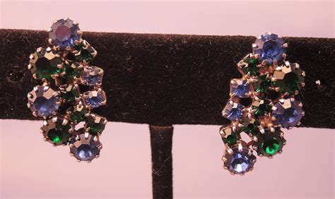 Blue And Green Rhinestone Clip Earrings 1950 60s Etsy Clip On