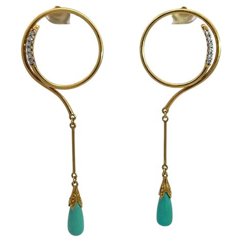 Victorian Turquoise Round Diamond Gold Dangle Earrings For Sale At 1stDibs