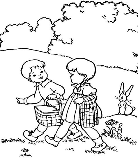 Among other waits bear waking from winter sleep, butterfly sitting on a flower, a boy planting vegetables, bee pollinating plants, outdoor picnic, children on a meadow and many more! Two Kids is Going to Picnic Coloring Page - NetArt