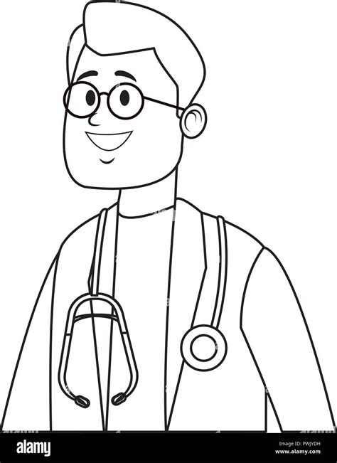 Male Doctor With Stethoscope Cartoon In Black And White Vector