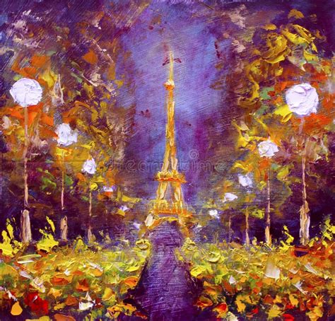 Oil Painting Eiffel Tower In Night France By Rybakow Editorial Stock