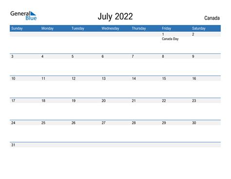 Canada July 2022 Calendar With Holidays