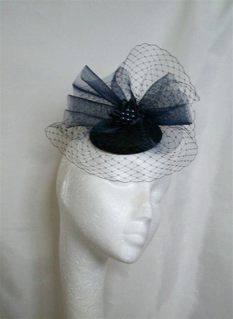 Navy Blue Fascinator With Blusher Veil Crinoline Bow Pearls Etsy UK