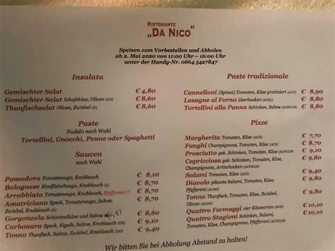 Speisekarte Von Ristorante Da Nico Cafe Graz